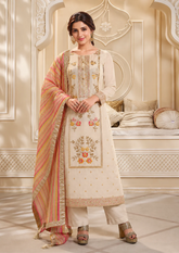 Salwar Suit with Floral Embroidery & Striped Dupatta