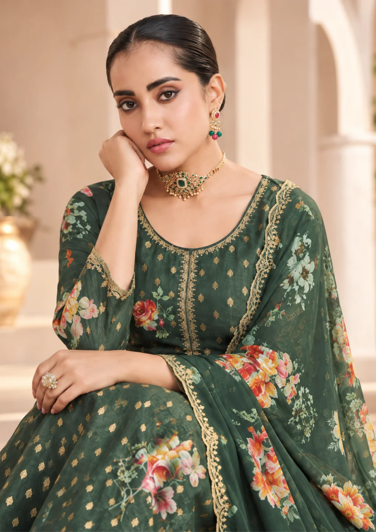Salwar Suit with Golden Motifs & Floral Dupatta