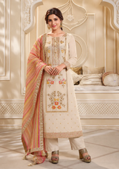 Salwar Suit with Floral Embroidery & Striped Dupatta