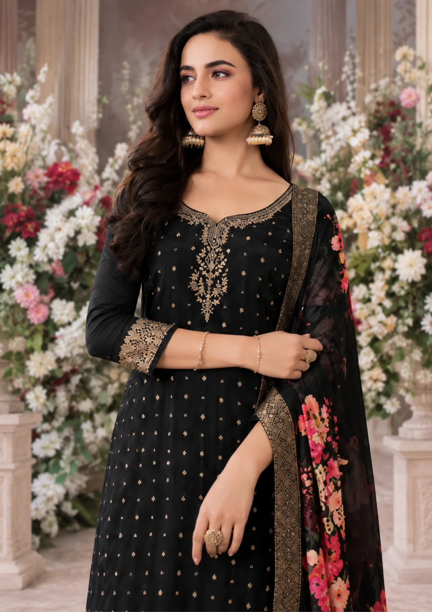 Banarasi Suit with Elegant Floral Digital-Print Dupatta