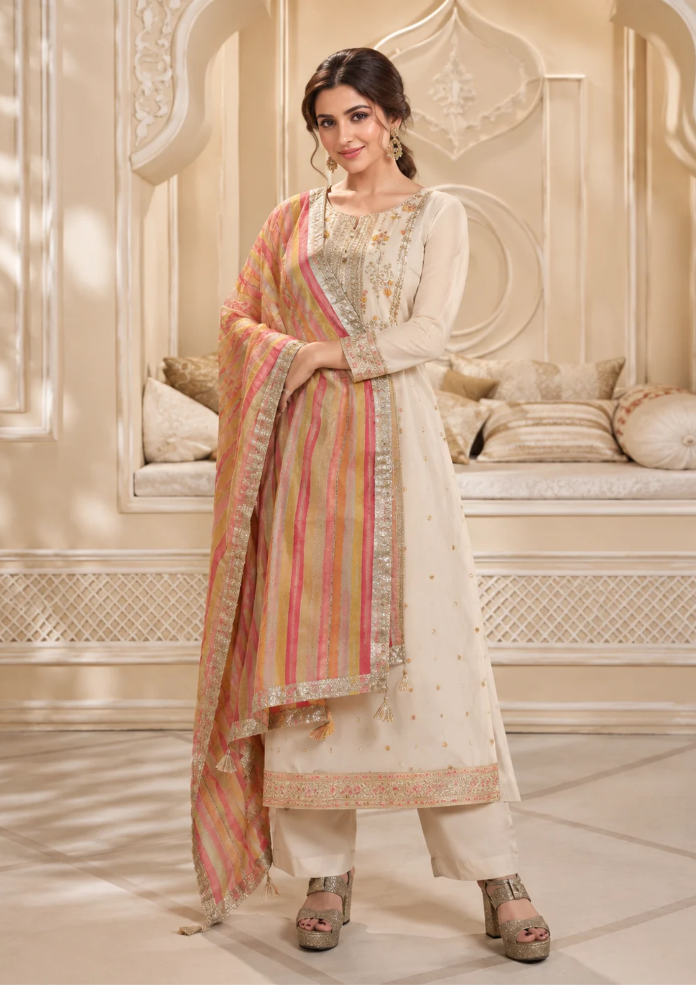 Salwar Suit with Floral Embroidery & Striped Dupatta