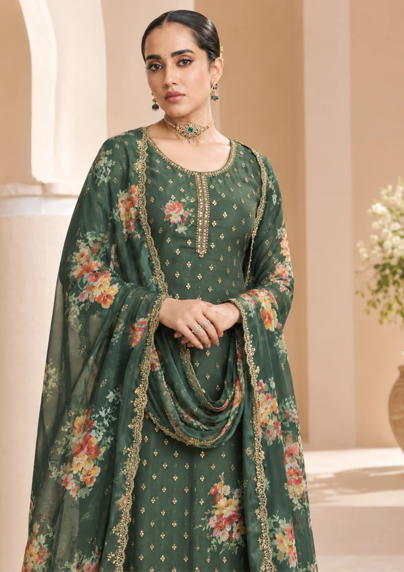 Salwar Suit with Golden Motifs & Floral Dupatta
