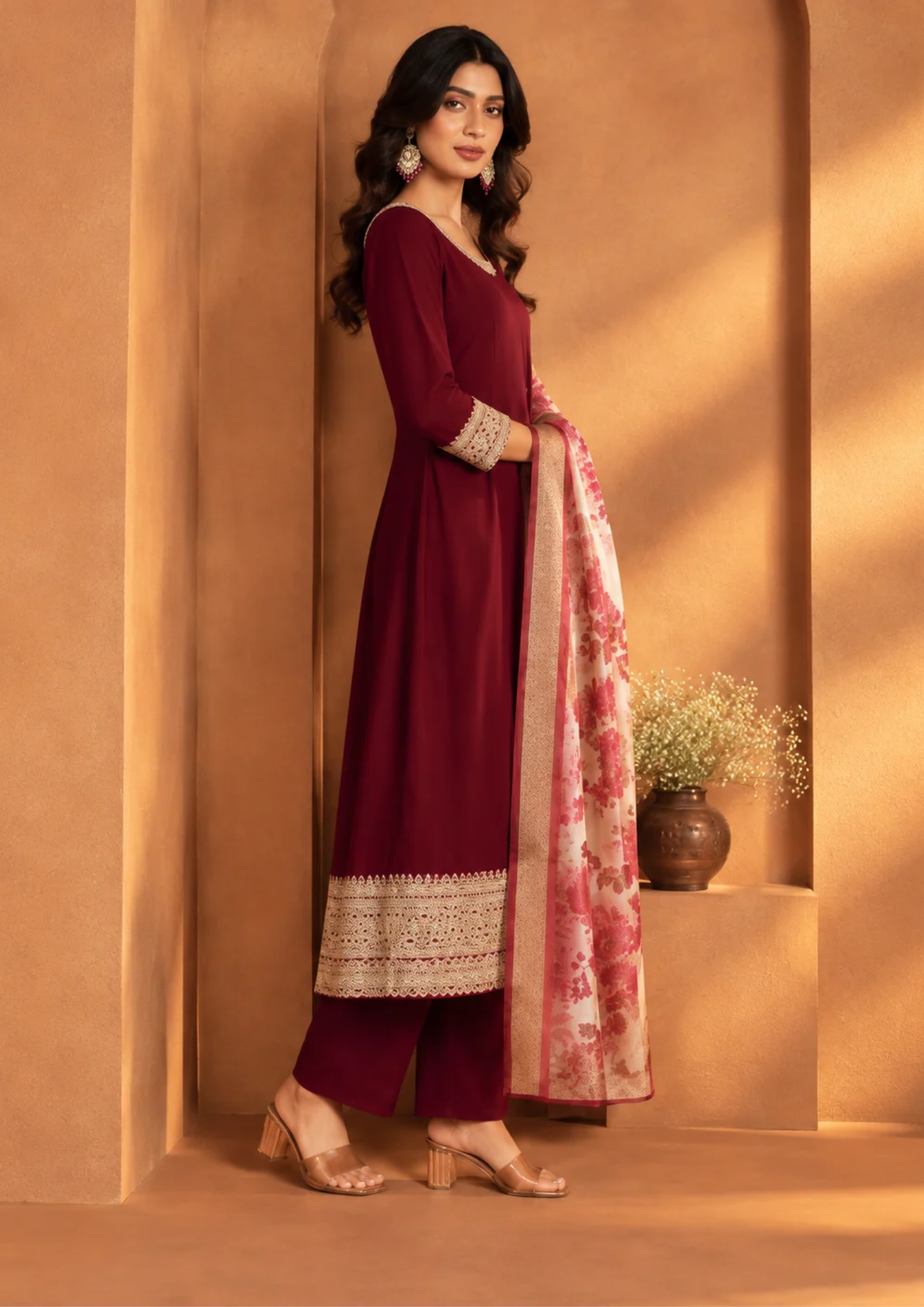 Suit with Floral Printed Dupatta