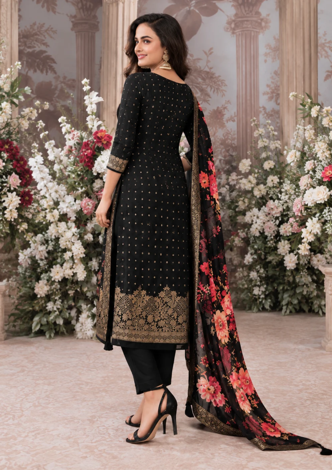 Banarasi Suit with Elegant Floral Digital-Print Dupatta