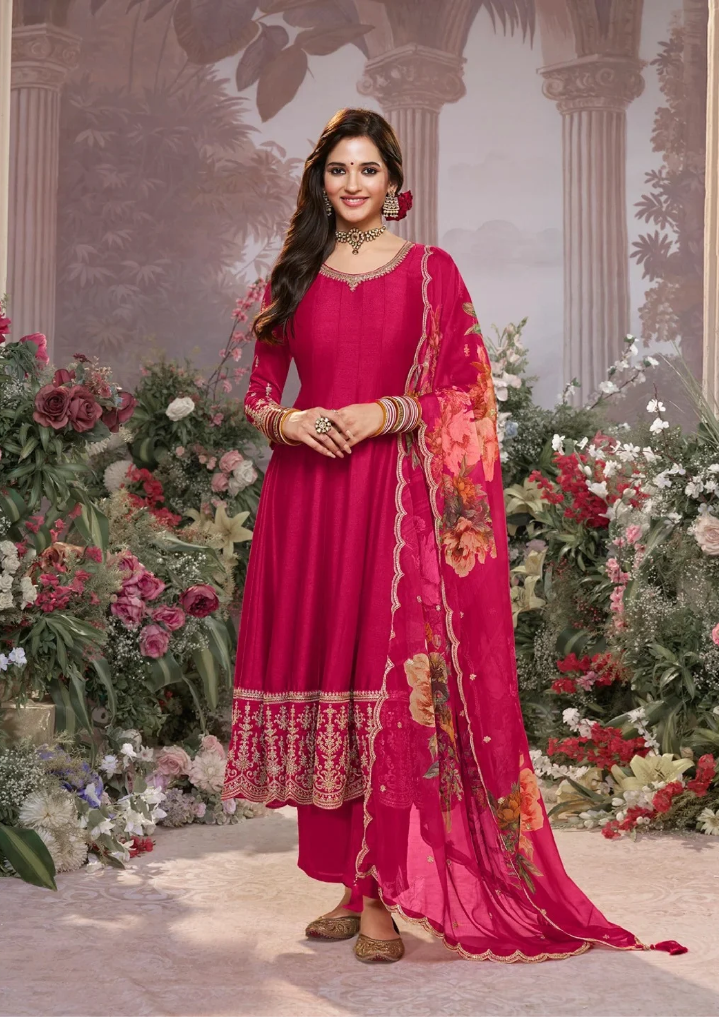 Anarkali Suit with Floral Printed Dupatta