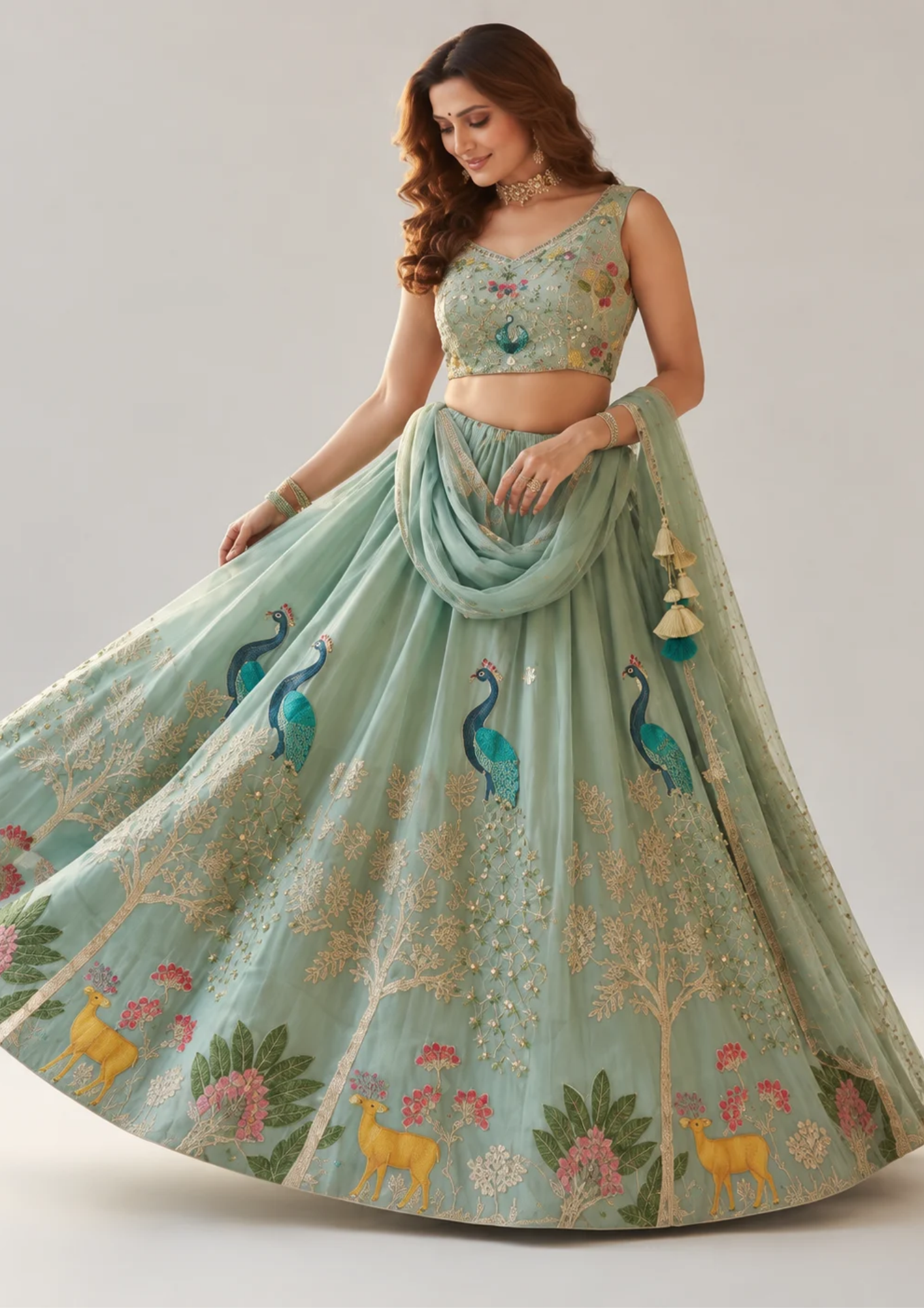 Lehenga Set With Peacock Embroidered Designer