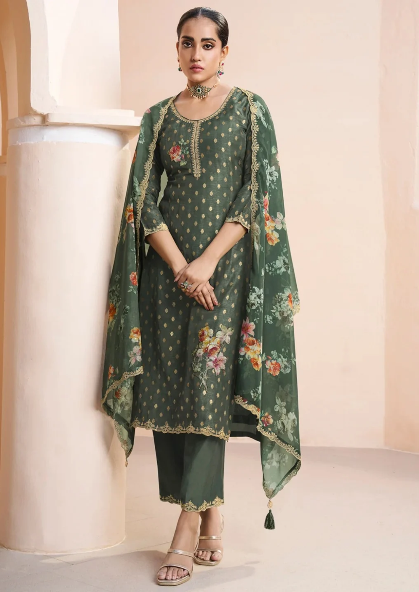 Salwar Suit with Golden Motifs & Floral Dupatta