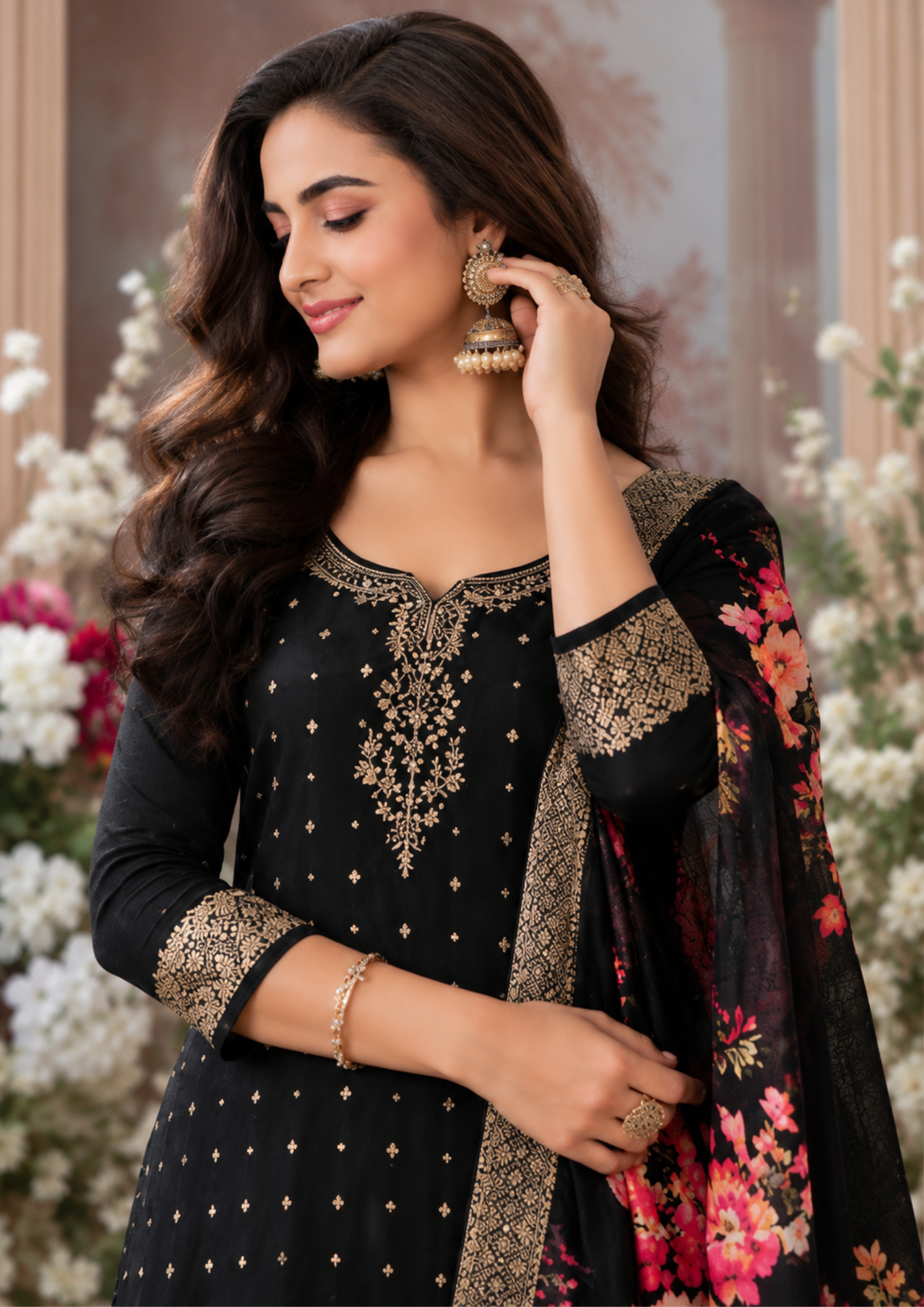 Banarasi Suit with Elegant Floral Digital-Print Dupatta
